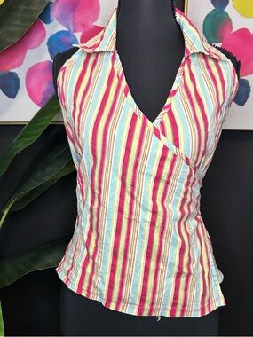 90s Beware! Striped Wrap Halter Top